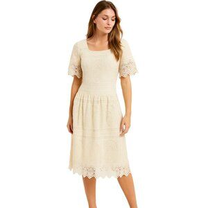 POLAGRAM | NWOT Women's Cream Lace Boho Short Sleeve Midi Dress | Size L